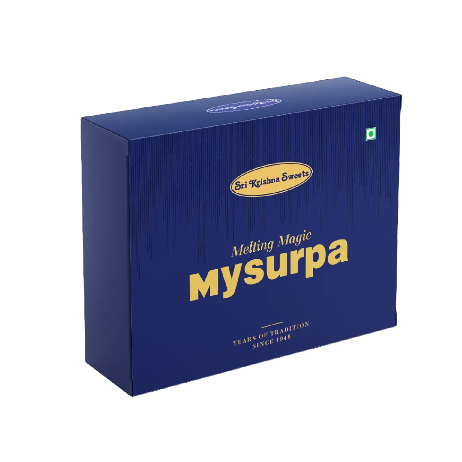 A dark blue rectangular product box for 'Mysurpa' by 'Sri Krishna Sweda' with gold lettering, shown on a plain white background.