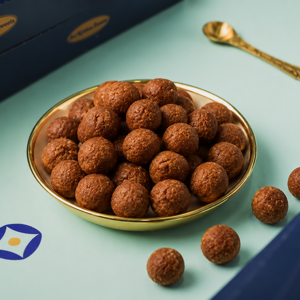 A gold bowl filled with sweet seedai on a light blue surface, with a dark blue box, a gold spoon, and a small blue-and-yellow logo visible.